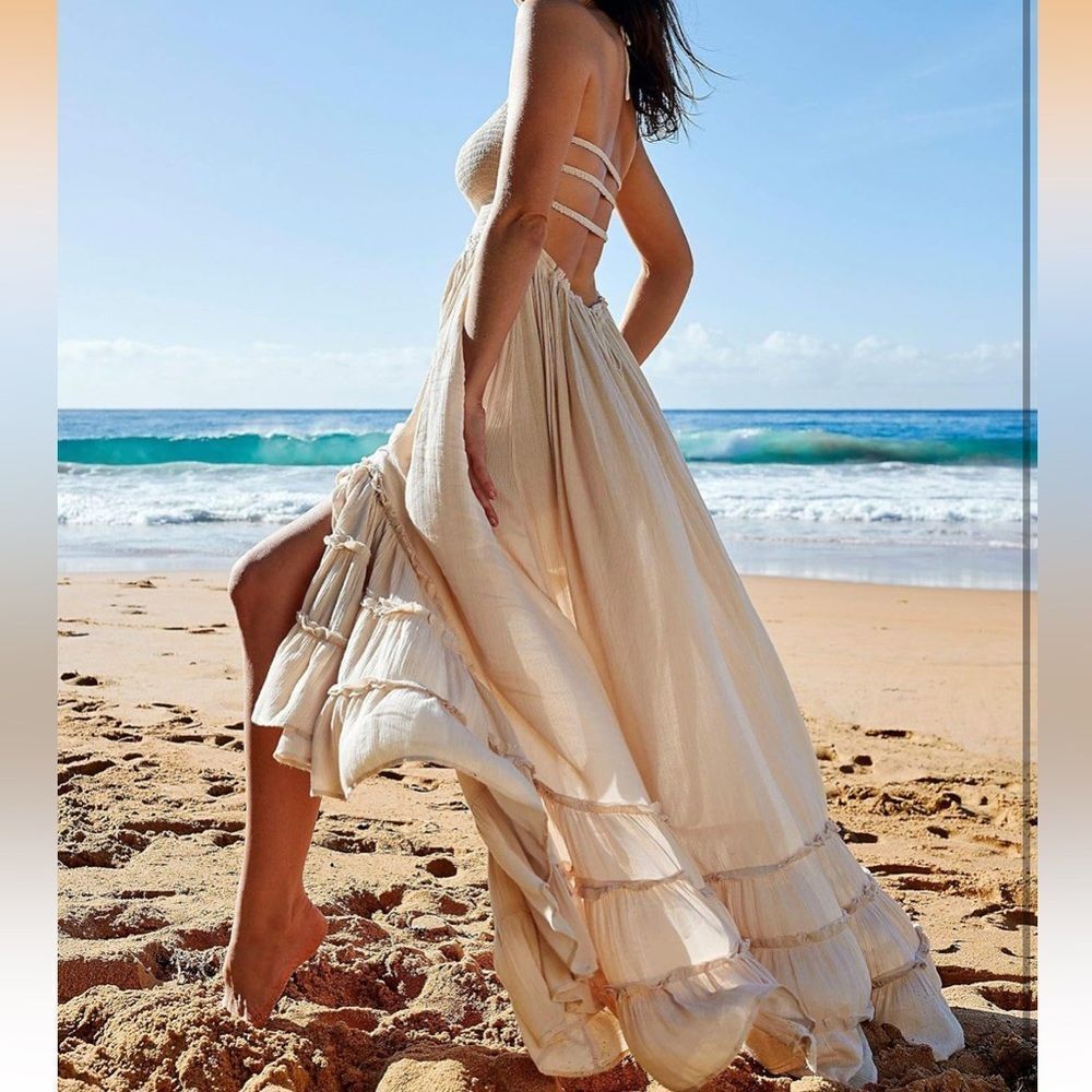 Vivimos Boho Cream backless Halter Maxi Dress Size Small - Picture 3 of 6